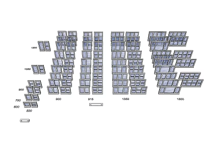 Stacked Window Panels In Various Sizes With Structural Dimension Markings 3d model