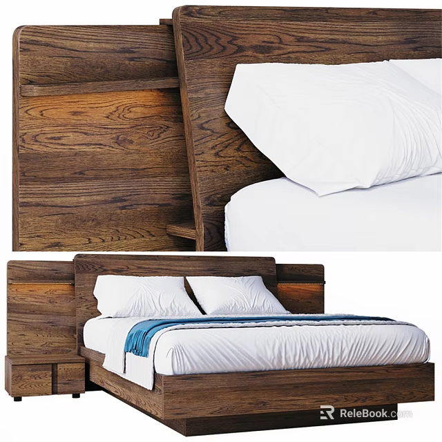 Modern Double Bed With Wooden Headboard White Sheets Pillows And Blue Blanket 3d model 