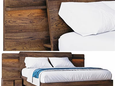Modern Double Bed With Wooden Headboard White Sheets Pillows And Blue Blanket 3d model