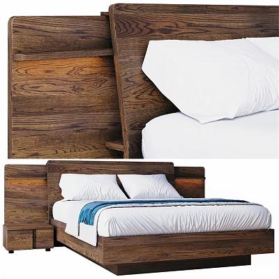 Modern Double Bed With Wooden Headboard White Sheets Pillows And Blue Blanket 3d model