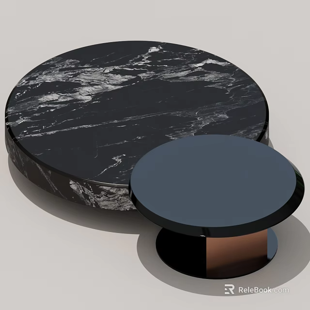 Round Black Marble Coffee Table With Small Blue Round Side Table Design 3d model 