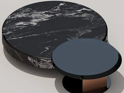 Round Black Marble Coffee Table With Small Blue Round Side Table Design 3d model