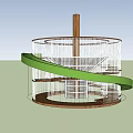 Modern Circular Playground Equipment With Wooden Post White Railings And Green Spiral Slide