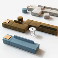 Modern Modular Sofa and Coffee Table Set with Brown Blue Gray Colors and Small Stools 3d model