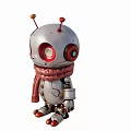 Silver Robot Sculpture With Red Eyes Heart Shaped Antennas Pink Scarf And Red Feet