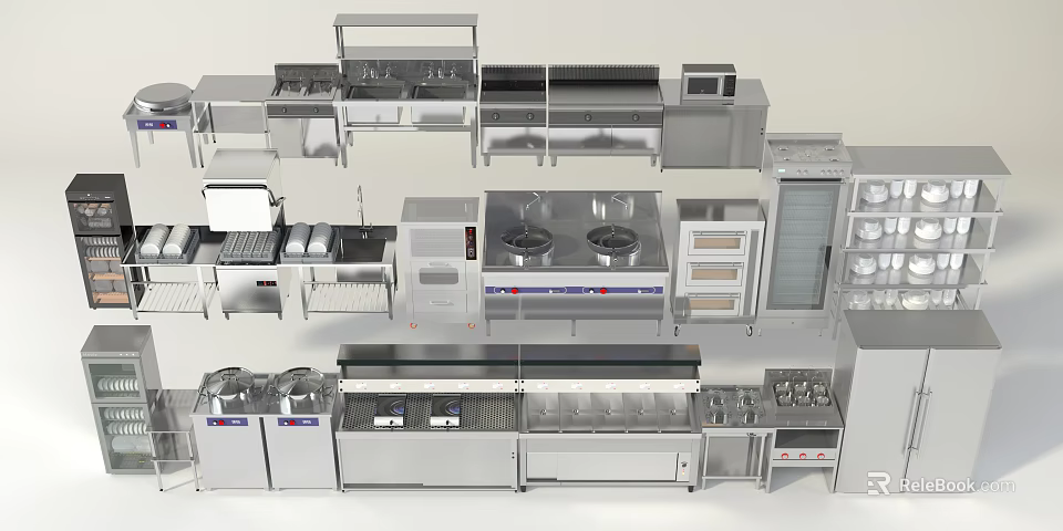 Stainless Steel Commercial Kitchen Appliances Layout With Stoves Ovens And Storage Racks 3d model 