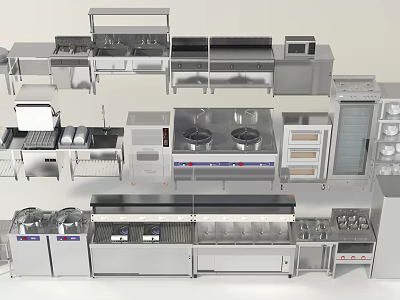 Stainless Steel Commercial Kitchen Appliances Layout With Stoves Ovens And Storage Racks 3d model