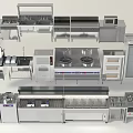 Stainless Steel Commercial Kitchen Appliances Layout With Stoves Ovens And Storage Racks