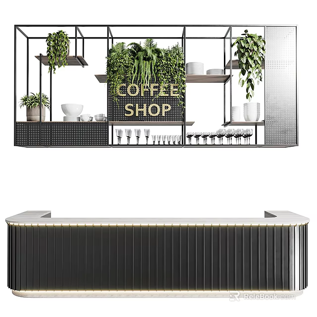 Modern Coffee Shop Bar Counter Design With Green Plants And Coffee Cups 3d model 