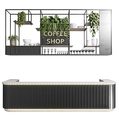 Modern Coffee Shop Bar Counter Design With Green Plants And Coffee Cups 3d model