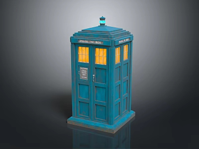 Blue Telephone Box Structure With Yellow Illuminated Windows And Top Lamp 3d model