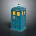 Blue Telephone Box Structure With Yellow Illuminated Windows And Top Lamp