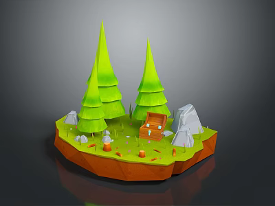 Brown Treasure Chest In 3D Scene With Green Cone Trees Stones Mushrooms On Orange Ground 3d model