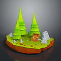 Brown Treasure Chest In 3D Scene With Green Cone Trees Stones Mushrooms On Orange Ground