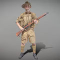 Military Soldier In Brown Uniform With Hat Holding Rifle Standing Pose