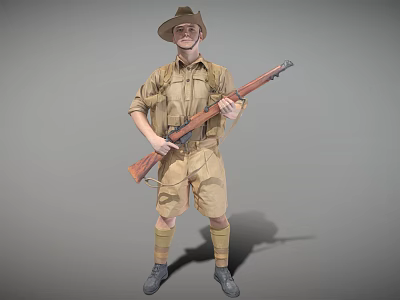 Military Soldier In Brown Uniform With Hat Holding Rifle Standing Pose 3d model