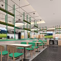 Bright Modern Restaurant Interior Featuring Glass Windows Green Railings Counter And Hanging Lights