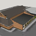 Brick Office Building With Black Roof Multiple Windows And Red Canopy