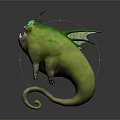 Green Fantasy Creature With Sharp Teeth Multiple Eyes Leaf Like Appendages And Curled Tail 3d model