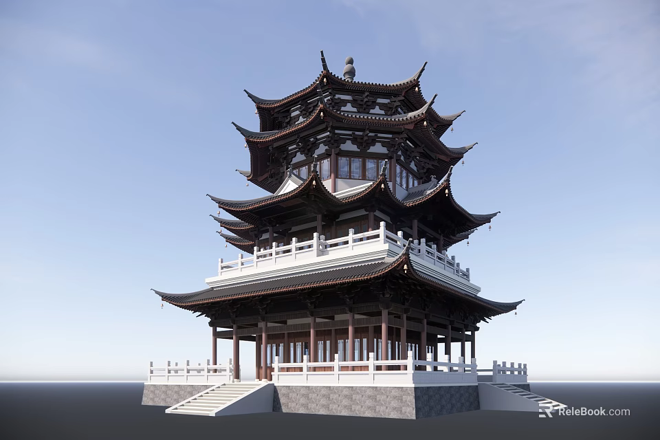 Traditional Chinese Multi tiered Pagoda With Curved Eaves Wooden Structure White Railings And Stone Steps 3d model 