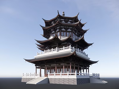 Traditional Chinese Multi tiered Pagoda With Curved Eaves Wooden Structure White Railings And Stone Steps 3d model
