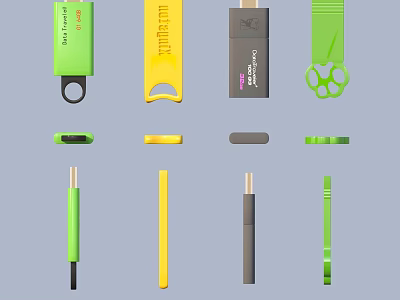 Colorful USB Flash Drives Green Yellow Black With Removable Caps And Straps For Data Storage 3d model