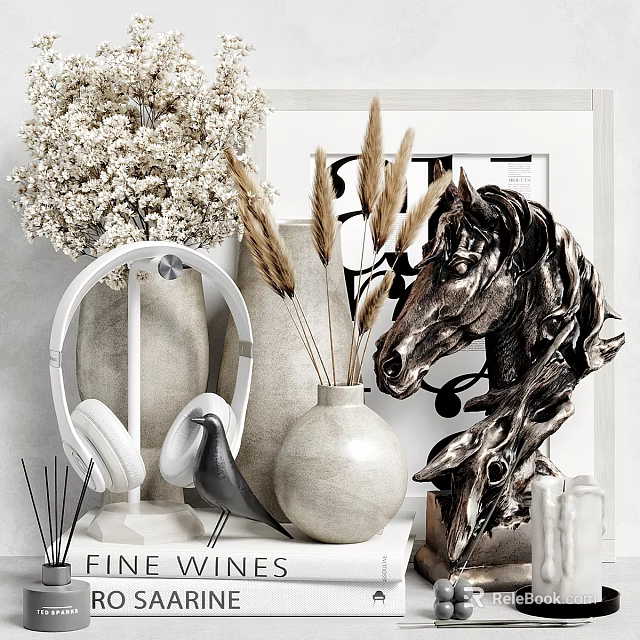 Decorative Ornament Set With Horse Head Sculpture Ceramic Vase Dried Pampas Grass And Headphone Stand 3d model 