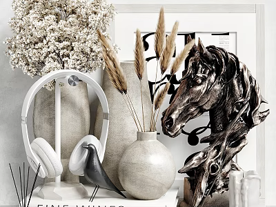 Decorative Ornament Set With Horse Head Sculpture Ceramic Vase Dried Pampas Grass And Headphone Stand 3d model