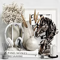 Decorative Ornament Set With Horse Head Sculpture Ceramic Vase Dried Pampas Grass And Headphone Stand