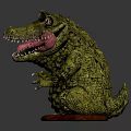 Playful Green Crocodile Figurine With Open Mouth Sharp Teeth And Wooden Base