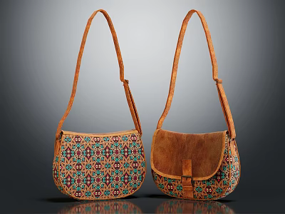 Two Stylish Shoulder Bags With Colorful Geometric Patterns And Brown Leather Details 3d model