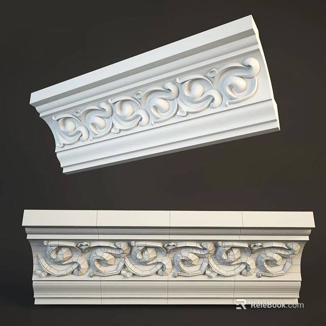 White Ornate Carved Cornice Design With Scrollwork Patterns For Interior Decoration 3d model 