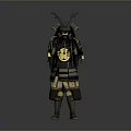 A Man In Traditional Samurai Armor With Bat Like Horns And Golden Emblem