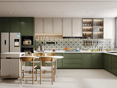 Modern Kitchen Interior With Green And Light Colored Cabinets Island Tile Backsplash And Appliances 3d model