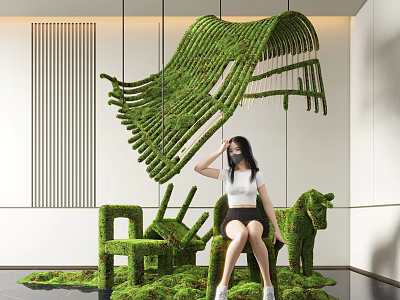 Indoor Landscape With Green Plant Art Installations And Sculptural Shapes In Modern Interior 3d model