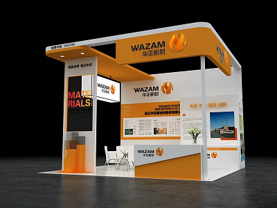 Modern WAZAM Exhibition Booth With Orange White Design Display Panels And Reception Tables 3d model