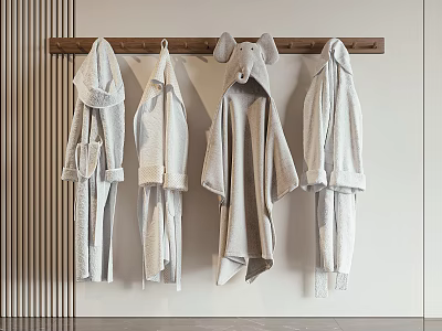 Soft Neutral Colored Bathrobes Hanging On Wooden Rack With Hooded Design Details 3d model