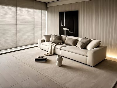 Modern Living Room With Beige Multi Seater Sofa Throw Pillows Roller Blinds And Wooden Floor 3d model