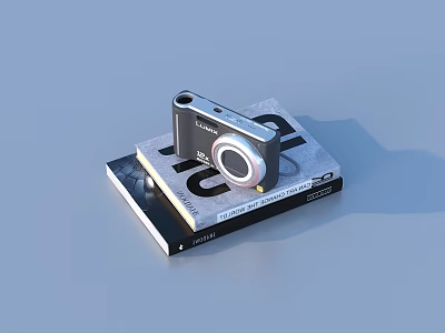 Silver and Black Camera On Stacked Books With 20 22 On Covers Light Blue Background 3d model