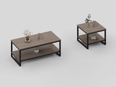 Modern Wooden Coffee Tables With Black Metal Frame Two Tier Design And Decorative Items 3d model