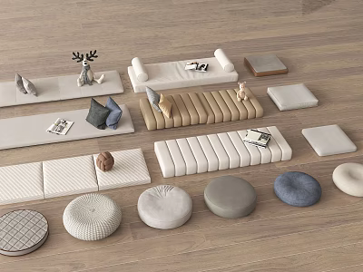 Cozy Living Room Seating With Round Square Cushions Soft Textures Small Tables And Deer Figurine 3d model