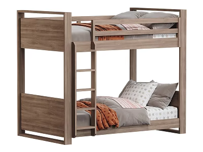 Modern Wooden Bunk Bed With Ladder Gray Bedding And Orange Blankets 3d model