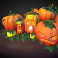 Pumpkin Vegetables Carved Into Jack O Lanterns With Green Leaves And Small Pumpkins