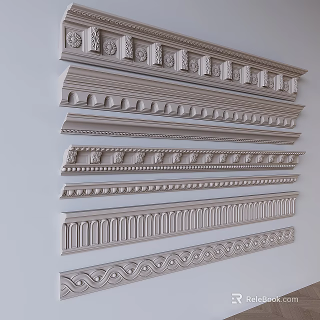 Ornamental Plaster Moldings In Various Decorative Patterns For Home Interior Design 3d model
