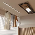 Modern Interior With Clothes Hanging On Ceiling Rack Lighting Window Blinds And Wooden Wall