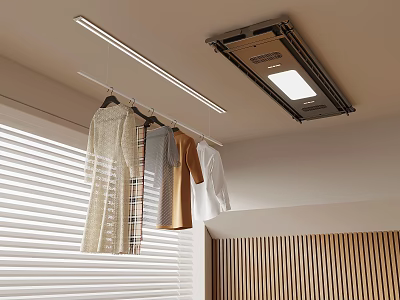 Modern Interior With Clothes Hanging On Ceiling Rack Lighting Window Blinds And Wooden Wall 3d model