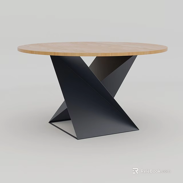 Modern Round Dining Table With Wooden Top And Black Geometric Legs 3d model 