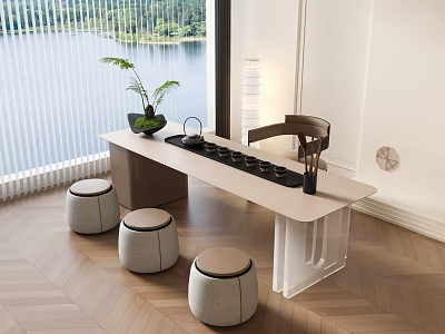 Modern Tea Table and Chairs with Stools Teapot Teacups by Lakeview Window on Wooden Floor 3d model