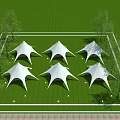 White Tent Structures Arranged On Green Lawn With Surrounding Trees And Path 3d model