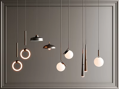 Modern Pendant Lights With Various Shapes And Metal Frames On Grey Wall 3d model